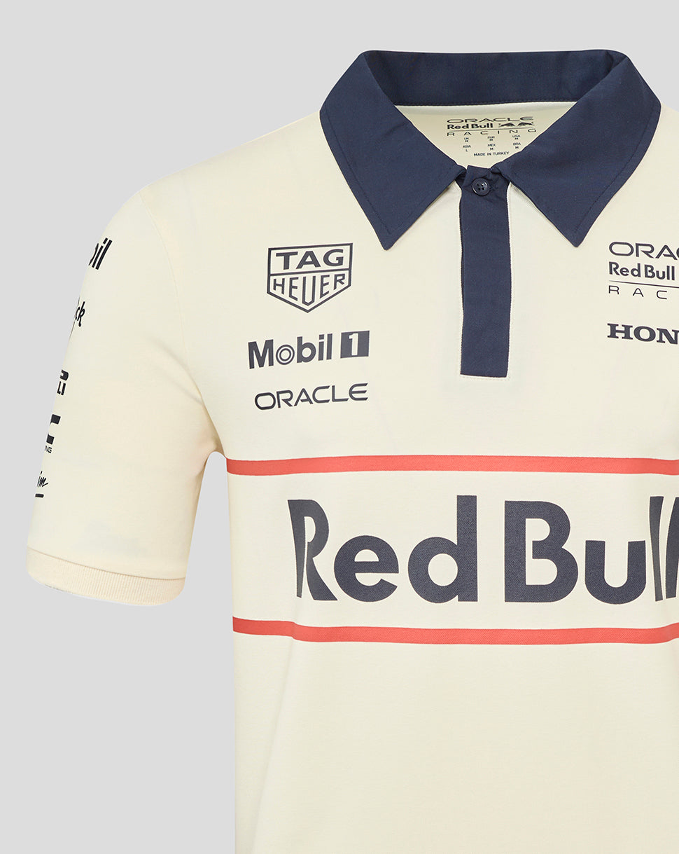 Cream heritage polo with navy collar showing front sponsor logos including TAG Heuer Mobil 1 Oracle on the chest and sleeves