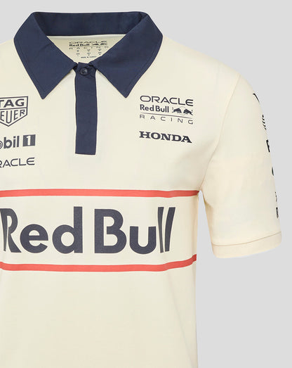 Cream heritage polo with navy collar and single button placket featuring Red Bull Racing logos on the chest