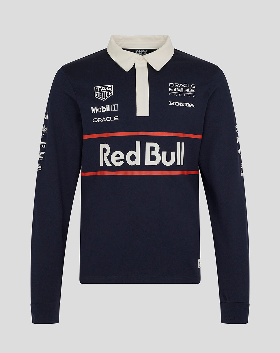 Front view of navy Oracle Red Bull Racing Heritage long sleeve polo with white collar and Red Bull logo across chest