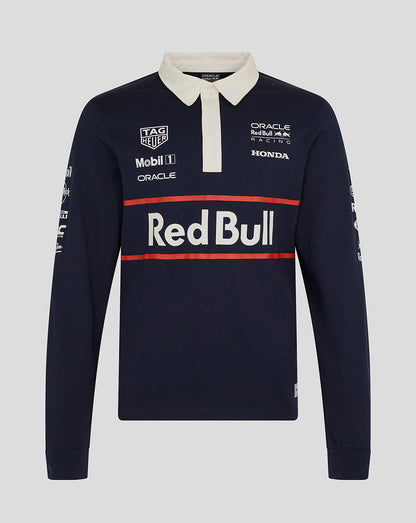 Front view of navy Oracle Red Bull Racing Heritage long sleeve polo with white collar and Red Bull logo across chest