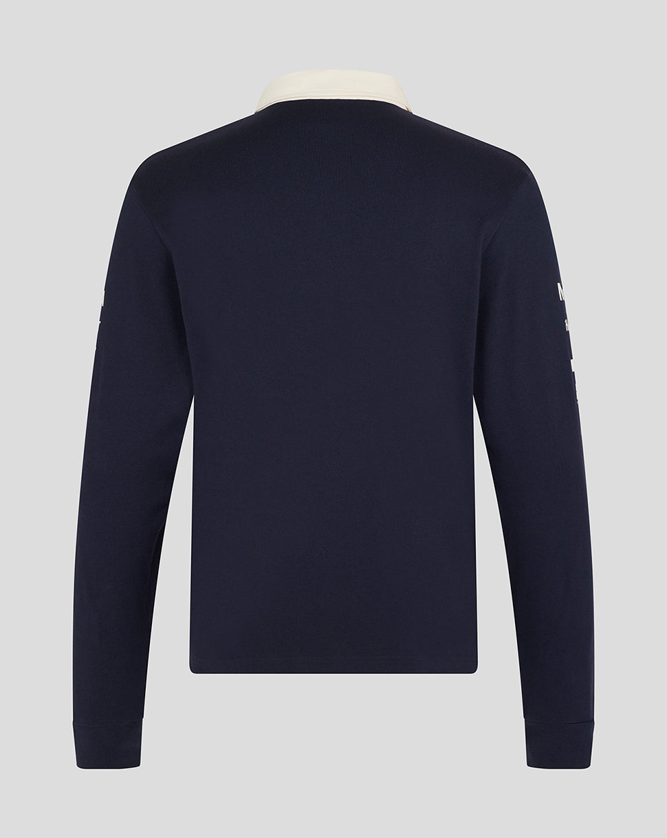 Back view of navy heritage long sleeve polo with white collar
