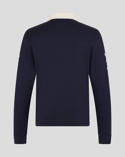 Back view of navy heritage long sleeve polo with white collar
