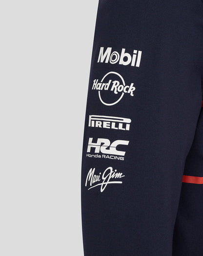 Close up of navy polo sleeve showing Mobil Hard Rock Pirelli Honda Racing and Mai Jim logos