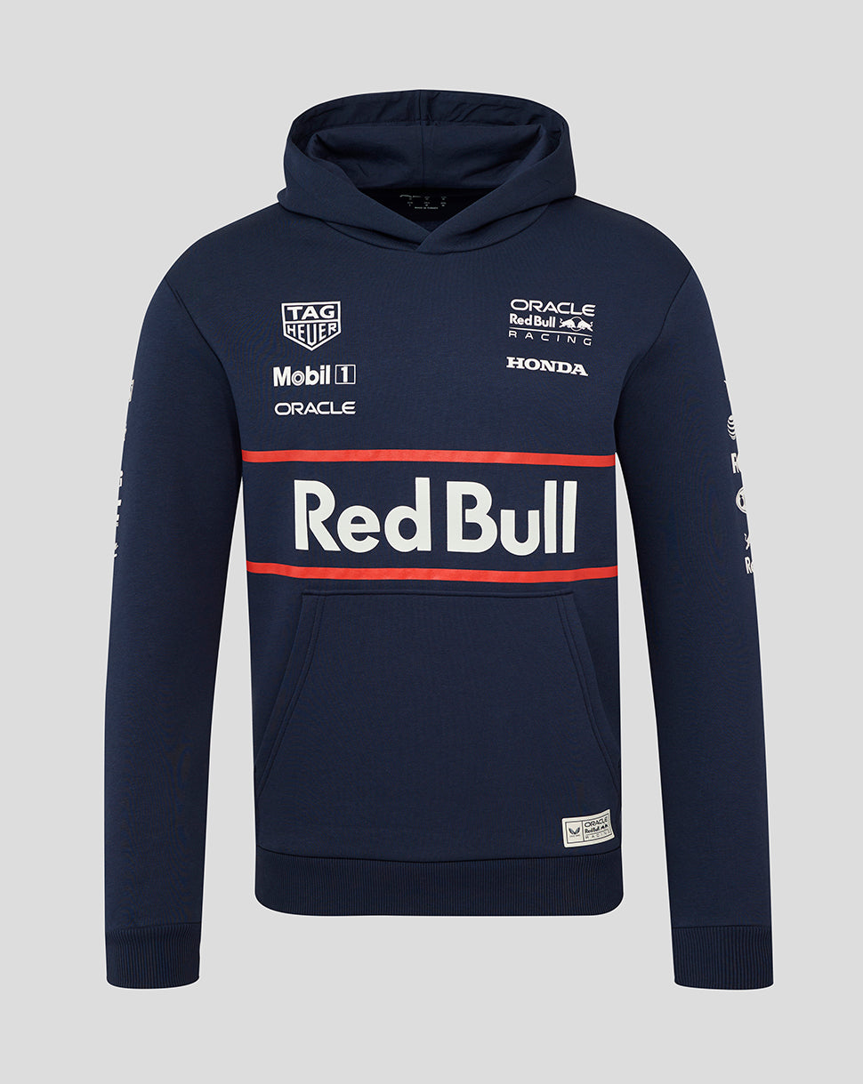 Navy unisex heritage team hoodie with bold Red Bull branding and sponsor logos on the chest