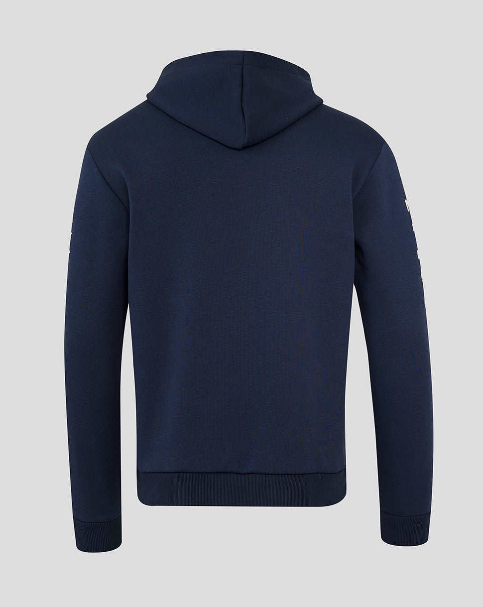 Back view of navy Oracle Red Bull Racing Heritage hoodie in Night Sky with hood and ribbed cuffs.