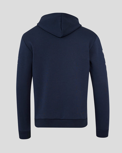 Back view of navy Oracle Red Bull Racing Heritage hoodie in Night Sky with hood and ribbed cuffs.