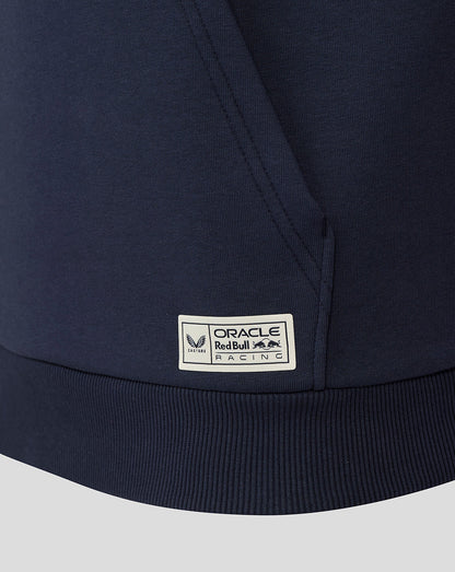 Close-up of the hoodie hem with the Oracle Red Bull Racing label on a navy Night Sky hoodie.