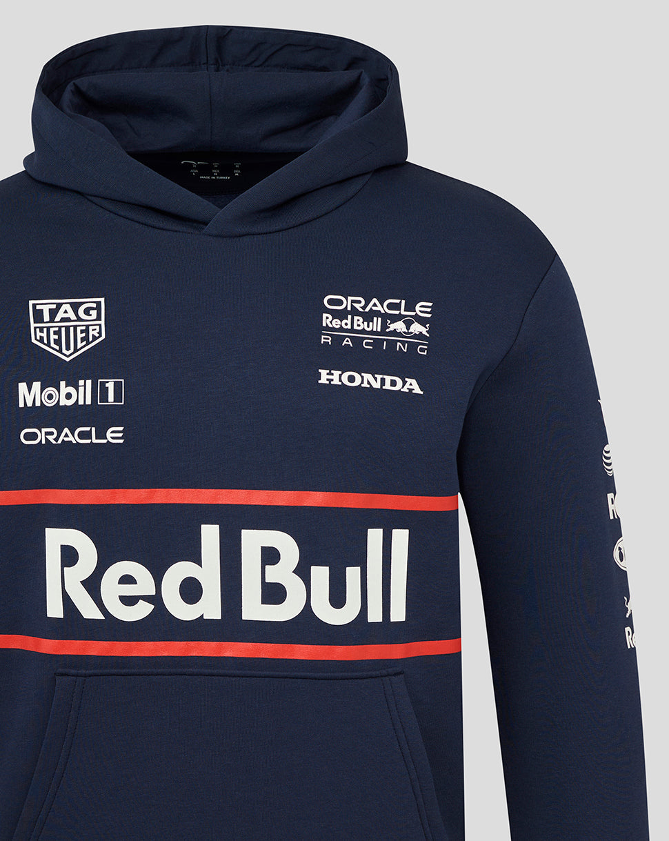 Front view of navy hooded hoodie with large Red Bull logo across the chest and small sponsor logos on the left chest