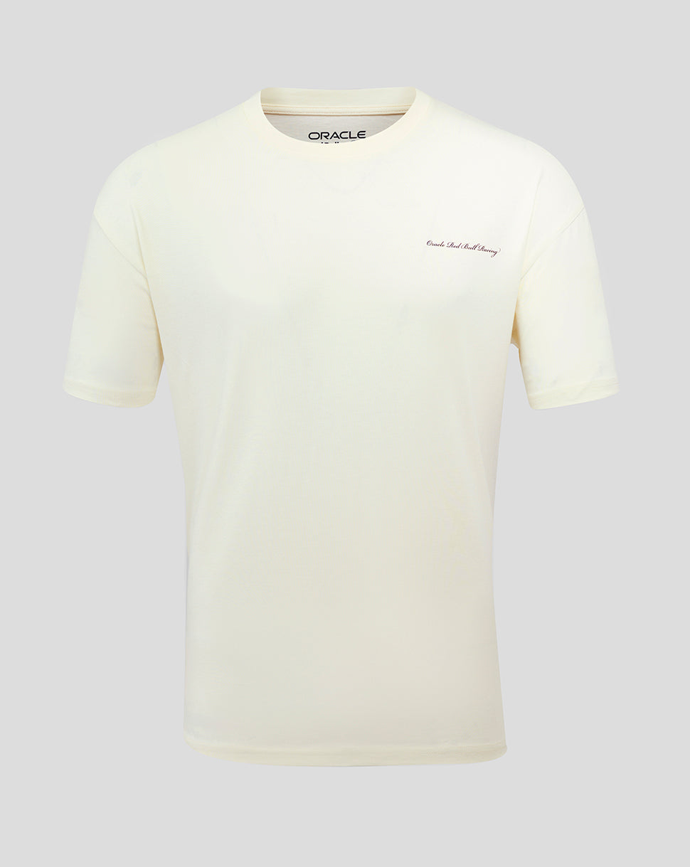 Front view of Oracle Red Bull Racing Heritage Script T-Shirt in Egret with a small chest logo