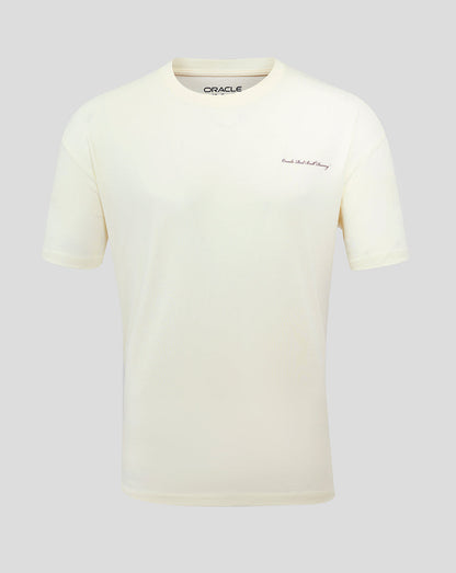 Front view of Oracle Red Bull Racing Heritage Script T-Shirt in Egret with a small chest logo