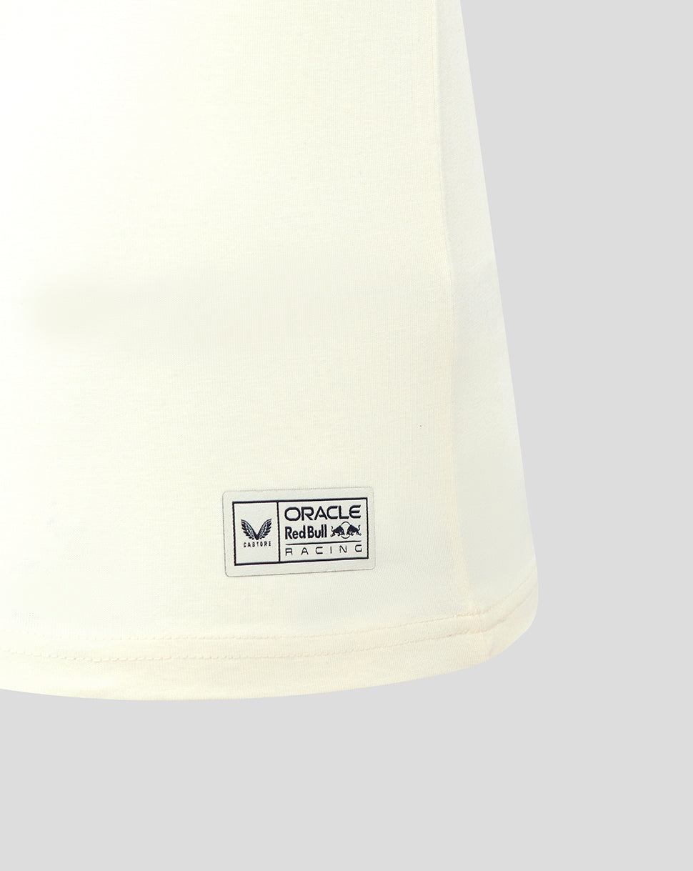 Close up of the hem showing the Oracle Red Bull Racing label on the Egret T-Shirt