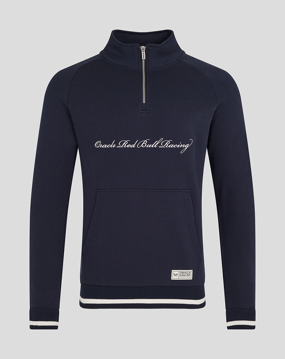 Navy Script Quarter Zip pullover with funnel neck and ribbed hem and cuffs featuring the Oracle Red Bull Racing logo.