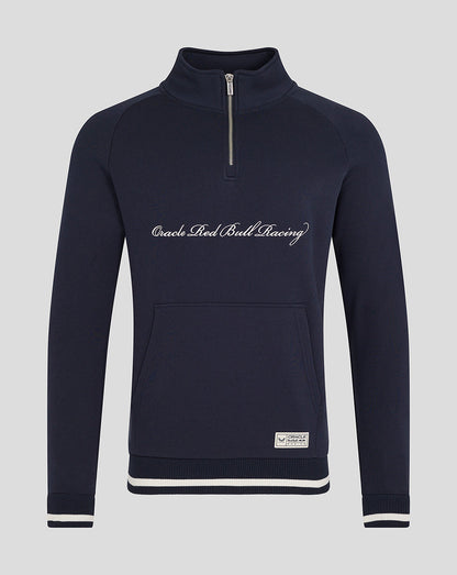Navy Script Quarter Zip pullover with funnel neck and ribbed hem and cuffs featuring the Oracle Red Bull Racing logo.