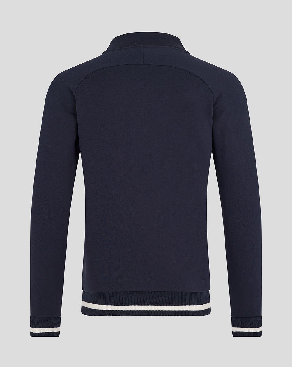 Back view of navy blue Oracle Red Bull Racing unisex quarter zip sweater with white striped hem and cuffs.