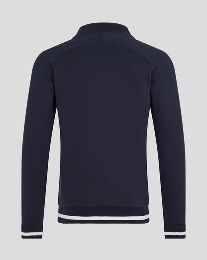 Back view of navy blue Oracle Red Bull Racing unisex quarter zip sweater with white striped hem and cuffs.