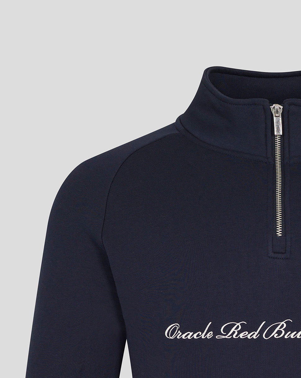 Close-up of navy sweater front with Oracle Red Bull Racing scripted logo across the chest.