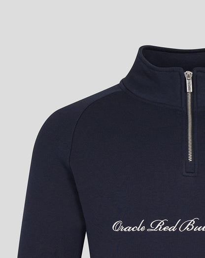 Close-up of navy sweater front with Oracle Red Bull Racing scripted logo across the chest.