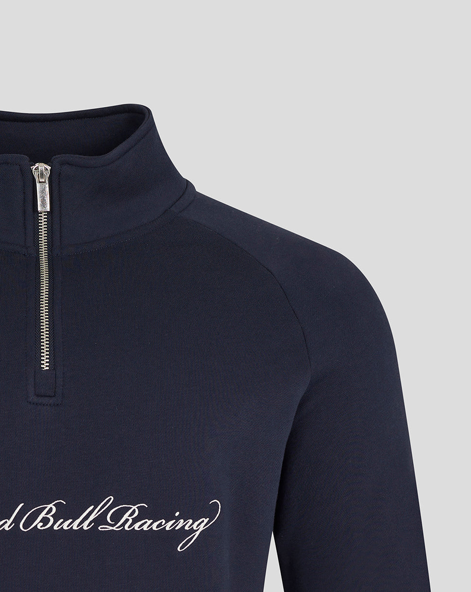 Close-up of navy quarter-zip collar and front zipper on Oracle Red Bull Racing sweater.