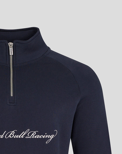 Close-up of navy quarter-zip collar and front zipper on Oracle Red Bull Racing sweater.