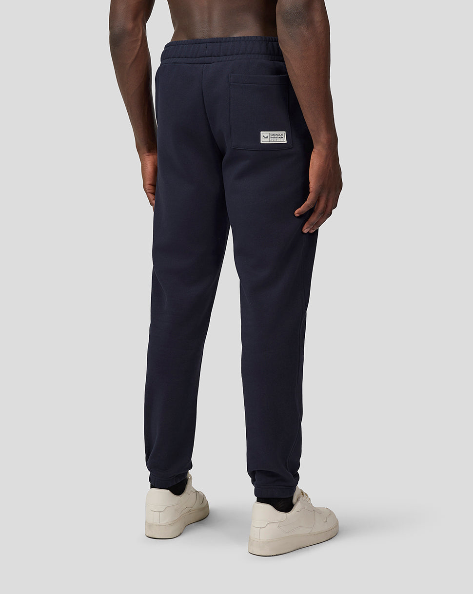 Back view of navy Red Bull Heritage sweatpants showing a rear patch pocket with a small branded label.