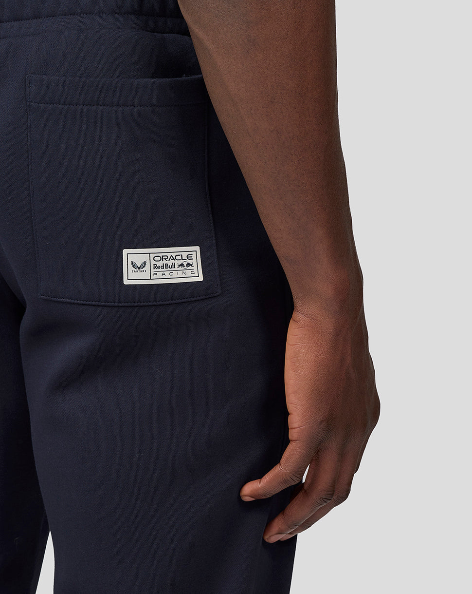 Close-up of the back pocket area on navy heritage sweatpants with a branded patch label.