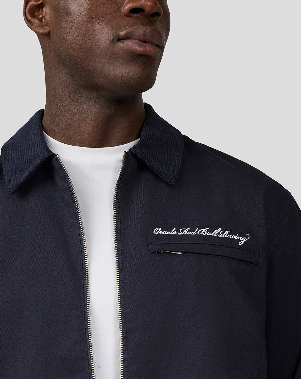 Navy Oracle Red Bull Racing script work jacket with pointed corduroy collar and embroidered logo on chest