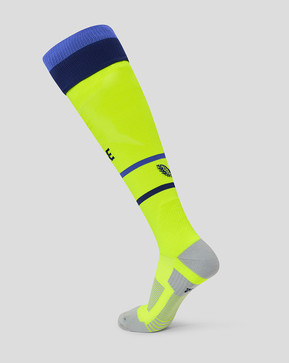 High visibility neon yellow Preston North End third sock with navy cuffs and blue stripe details