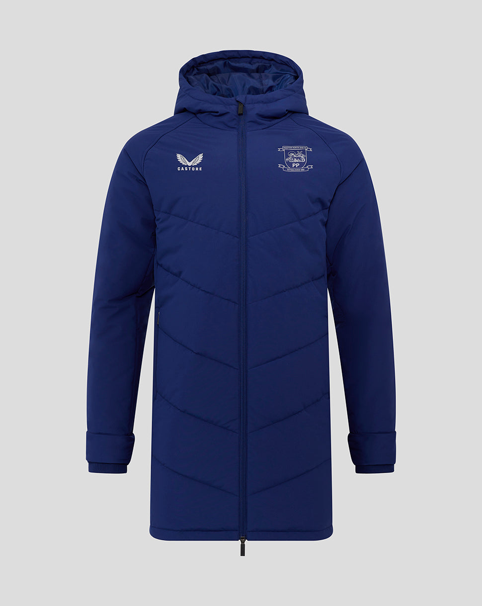 Front view of navy Preston North End junior training padded jacket with hood and center front zip