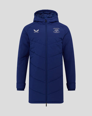 Front view of navy Preston North End junior training padded jacket with hood and center front zip