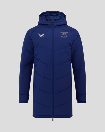 Front view of navy Preston North End junior training padded jacket with hood and center front zip