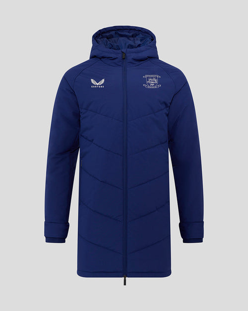 Front view of navy Preston North End junior training padded jacket with hood and center front zip
