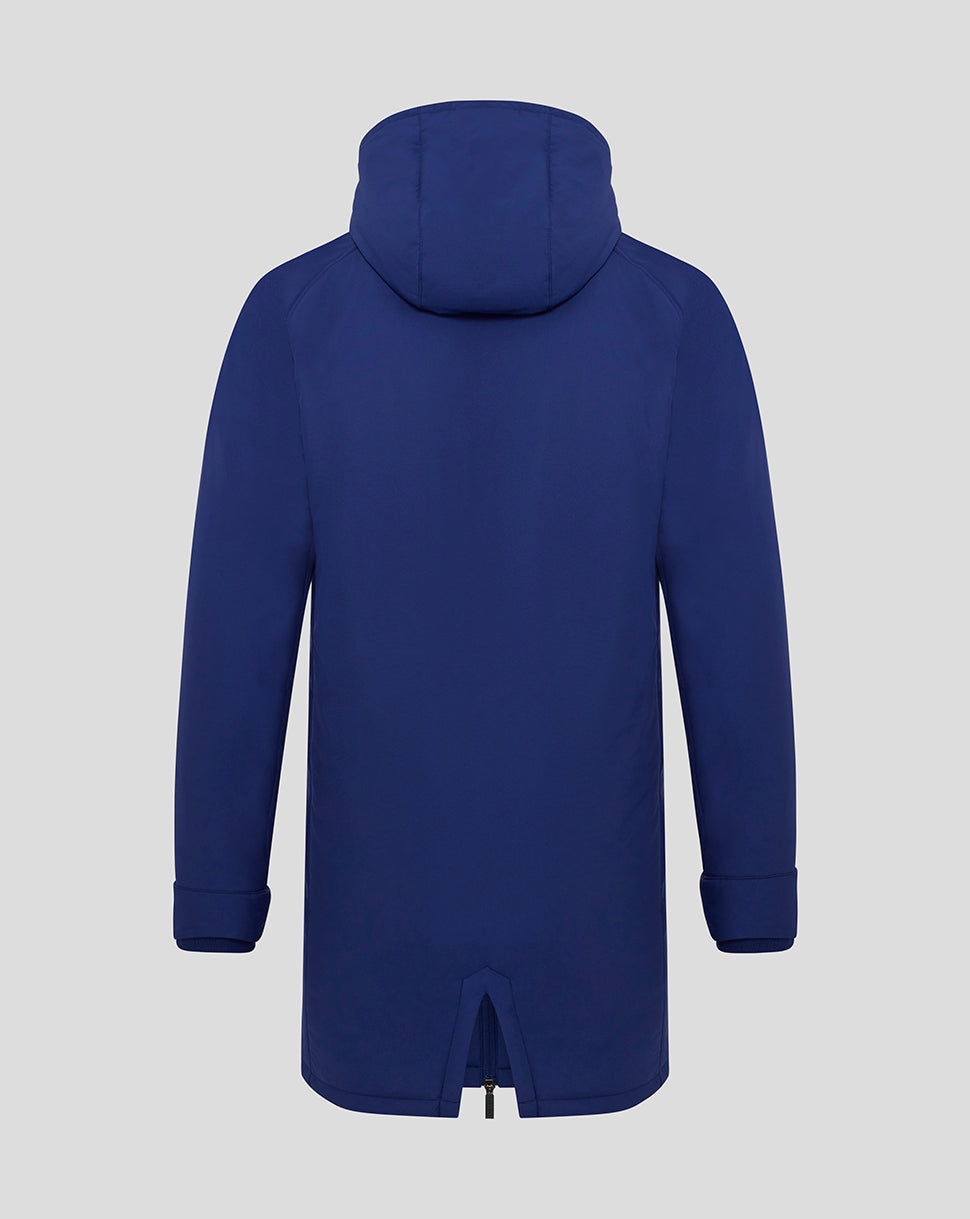 Back view of a blue Preston North End training padded jacket with hood.