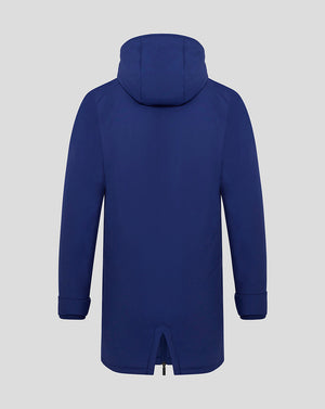 Back view of navy blue junior training padded jacket with hood