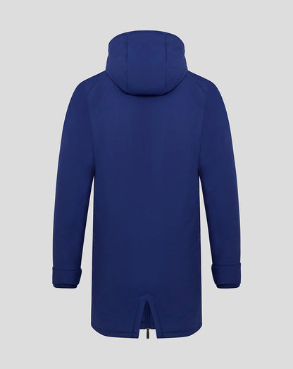 Back view of navy blue junior training padded jacket with hood