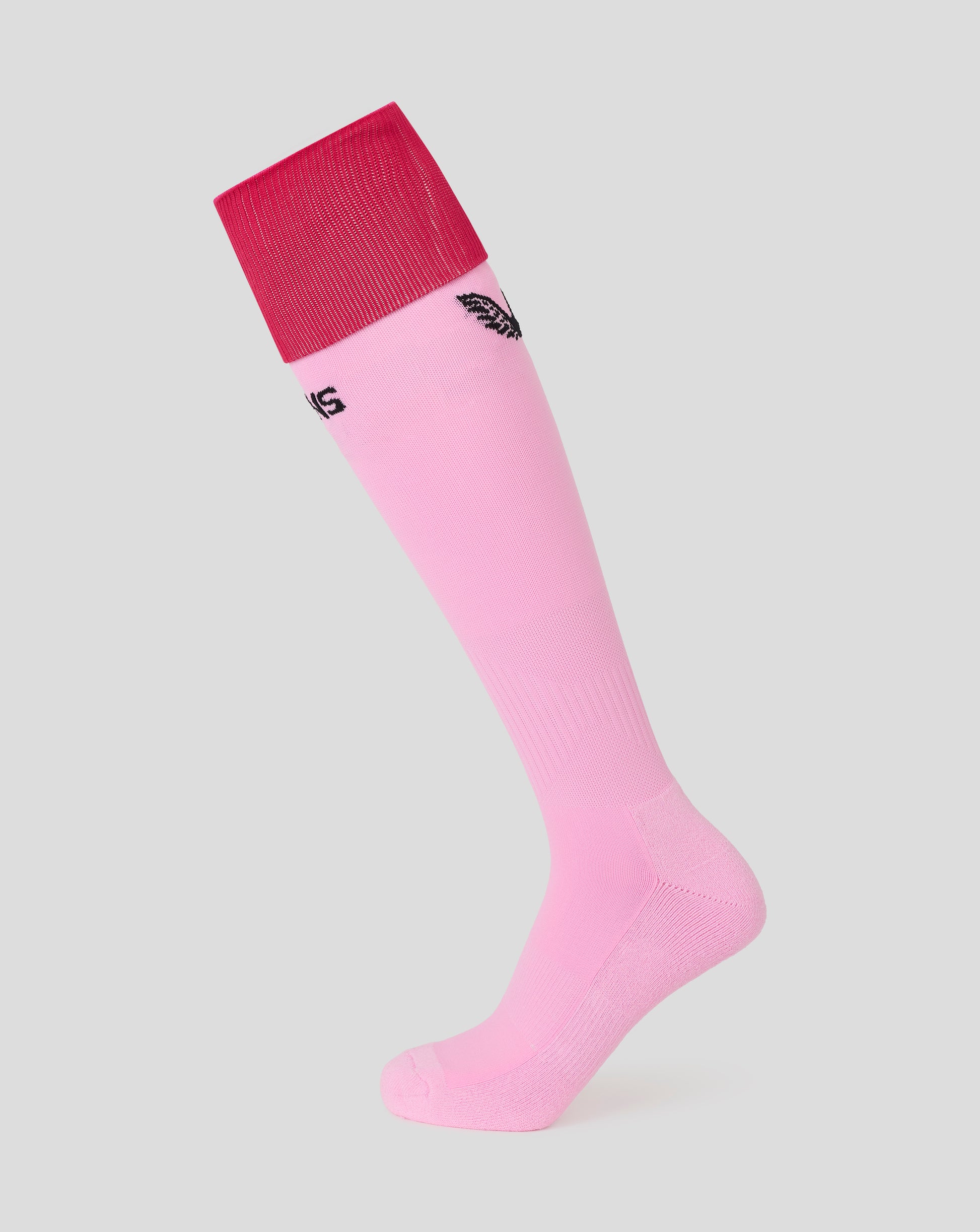 Harlequins Junior away sock in pink with a bright red cuff and a black Quins wordmark along the shin.
