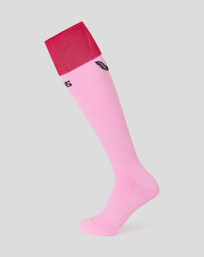 Harlequins Junior away sock in pink with a bright red cuff and a black Quins wordmark along the shin.