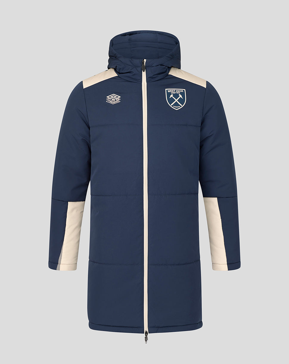 Front view of navy West Ham 25/26 Pro Training Padded Jacket with cream shoulder panels and hood, featuring the club crest on the left chest.