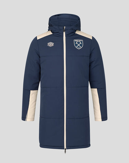 Front view of navy West Ham 25/26 Pro Training Padded Jacket with cream shoulder panels and hood, featuring the club crest on the left chest.