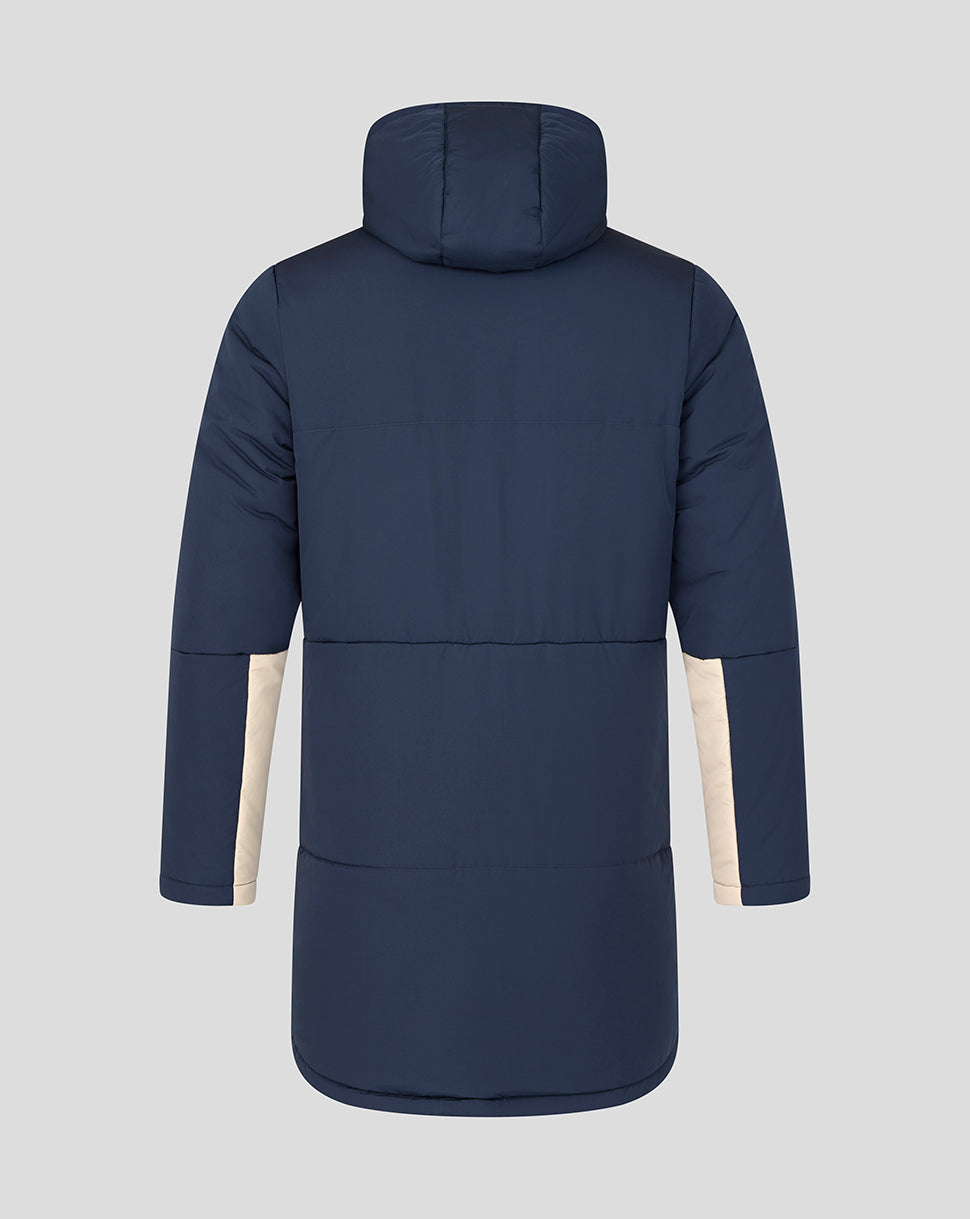 Back view of navy West Ham 25/26 Pro Training Padded Jacket with hood and long quilted body.
