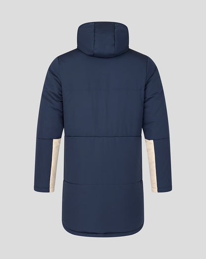 Back view of navy West Ham 25/26 Pro Training Padded Jacket with hood and long quilted body.