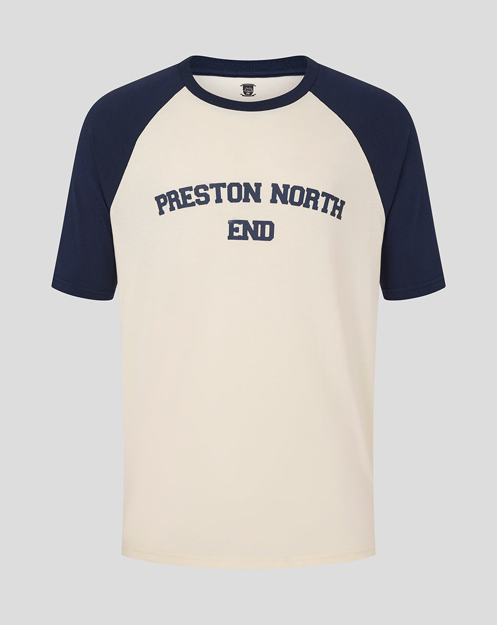 Cream and navy raglan T-shirt with Preston North End text across chest.