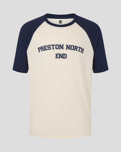 Cream and navy raglan T-shirt with Preston North End text across chest.