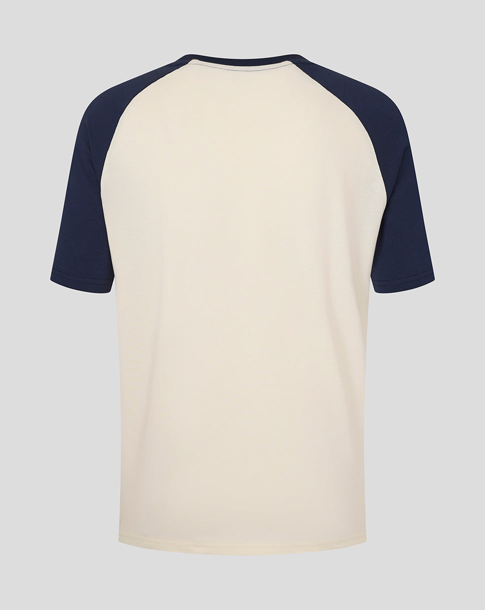 Back view of Preston Unisex Raglan Tee with cream body and navy sleeves