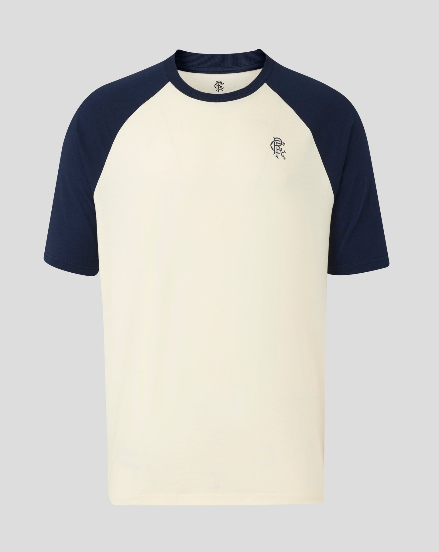 Rangers raglan tee close up showing navy sleeves cream torso and a small crest on the chest