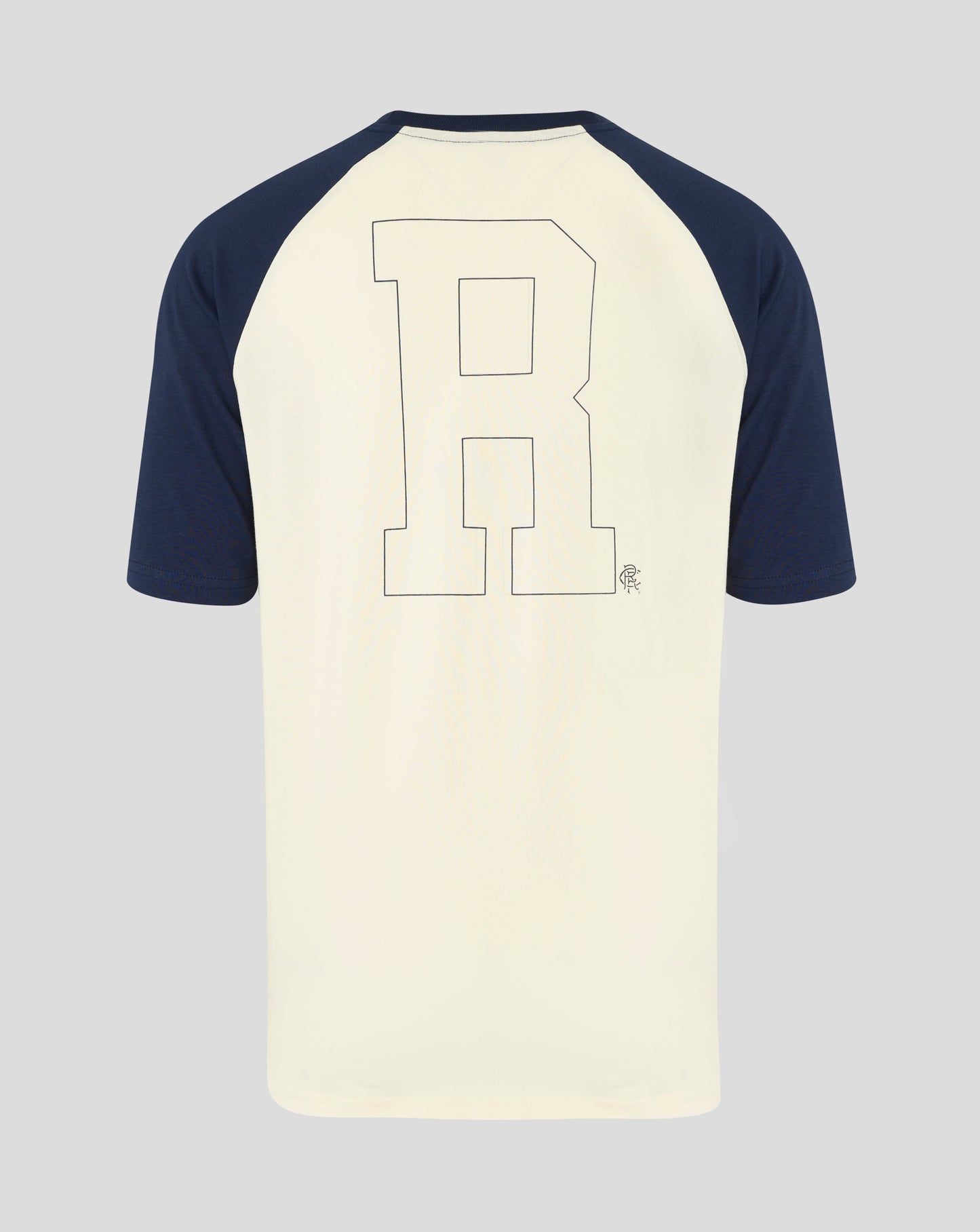 Back view of Rangers raglan tee displaying an oversized block outline graphic on the back