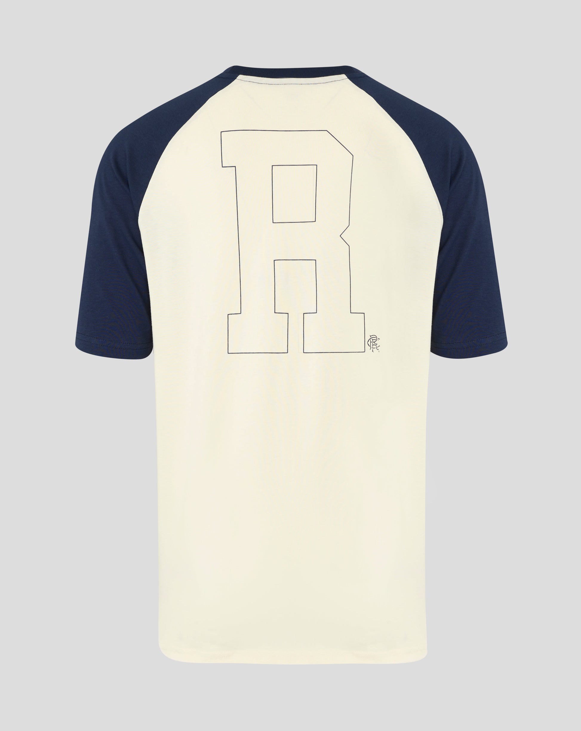 Back view of Rangers raglan tee displaying an oversized block outline graphic on the back