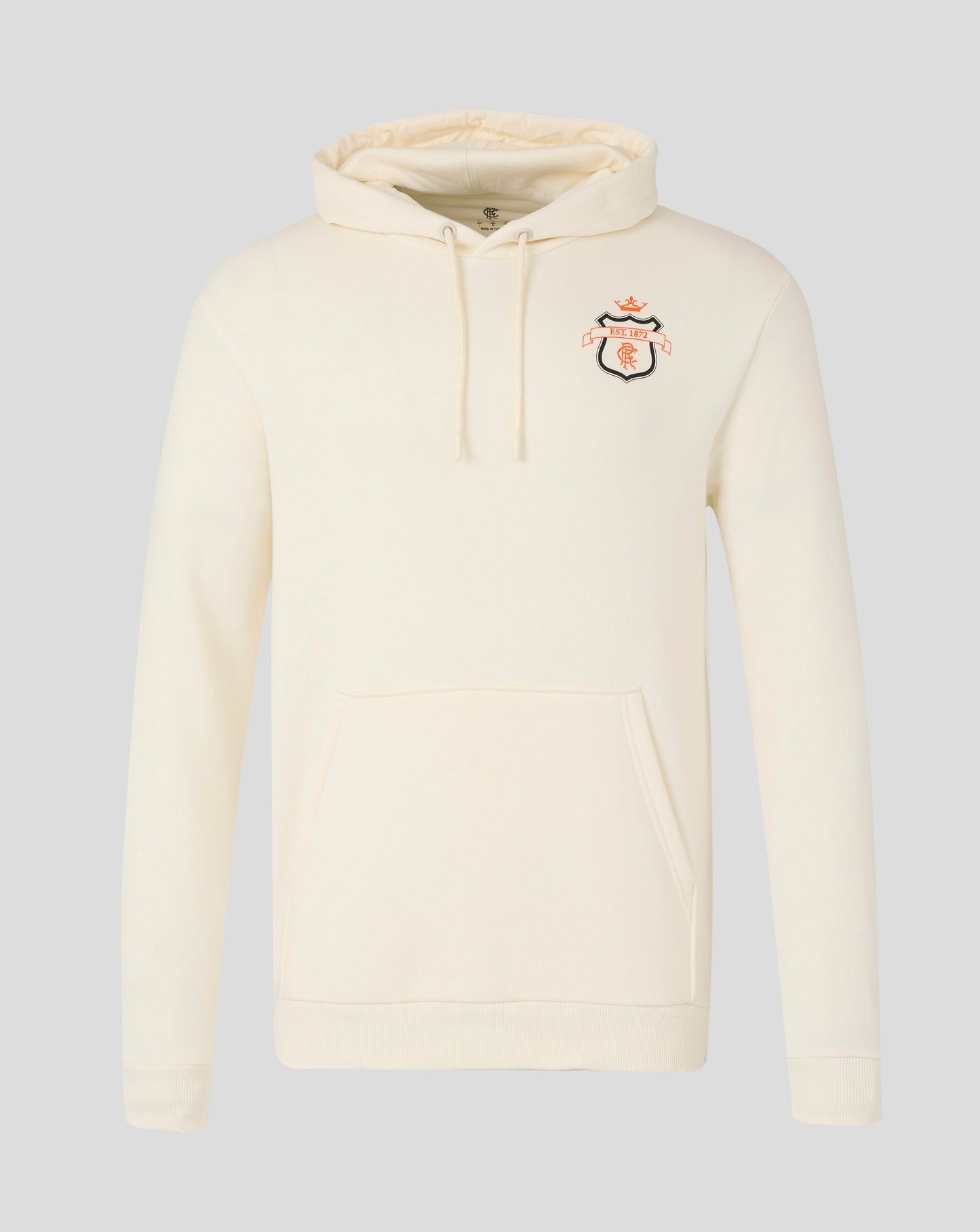 Cream Rangers hoodie front view with crest badge on the chest and a drawstring hood.