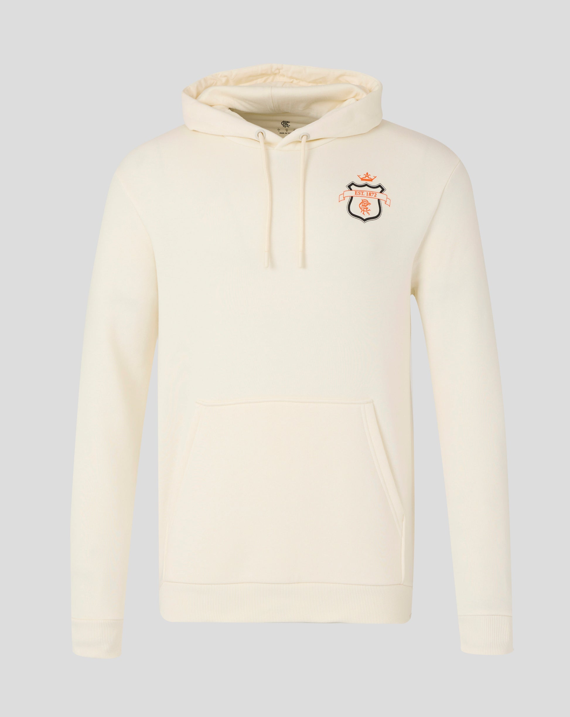 Cream Rangers hoodie front view with crest badge on the chest and a drawstring hood.