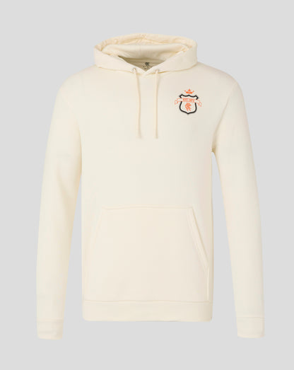 Cream Rangers hoodie front view with crest badge on the chest and a drawstring hood.