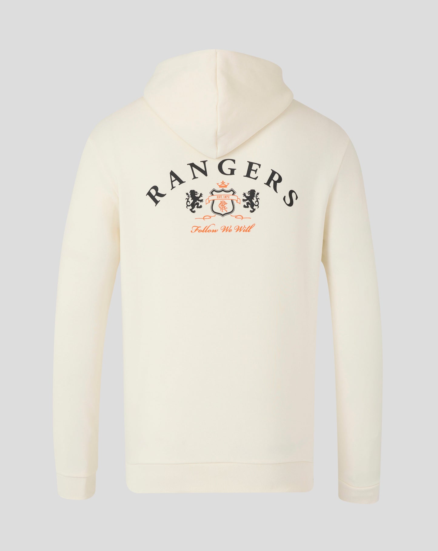 Back view of a cream Rangers hoodie with large arched RANGERS text crest and Follow We Will slogan.